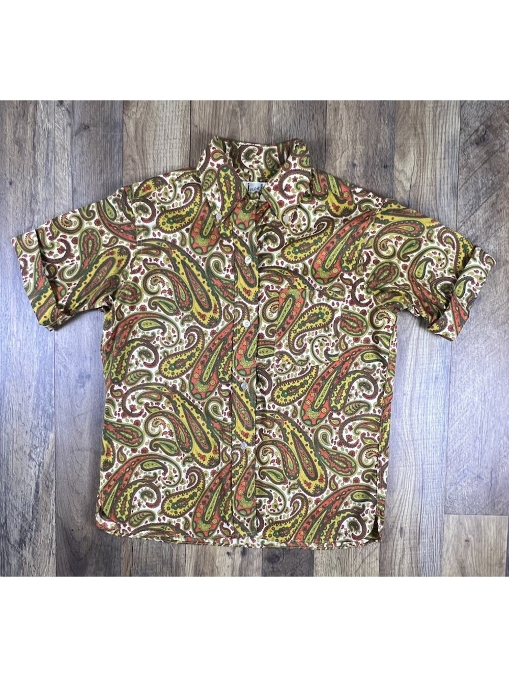 vtg 70s 80s Jewel Boho Floral Paisley Button Down Short Sleeve Camp Shirt Sz 12